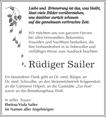Traueranzeige von Rüdiger Sailer von WVG - Wochenspiegel NMB / WSF / ZTZ