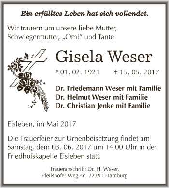 Traueranzeige von Gisela Weser von Wochenspiegel Mansfelder Land