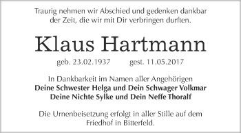Traueranzeige von Klaus Hartmann von WVG - Wochenspiegel Bitterfeld