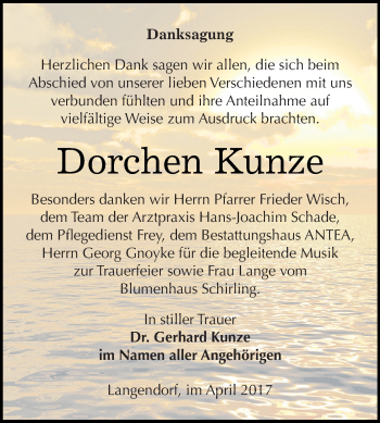 Traueranzeige von Dorchen Kunze von WVG - Wochenspiegel NMB / WSF / ZTZ