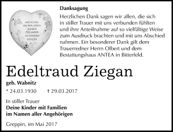 Traueranzeige von Edeltraud Ziegan von Mitteldeutsche Zeitung Bitterfeld