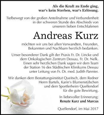 Traueranzeige von Andreas Kurz von WVG - Wochenspiegel Dessau / Köthen