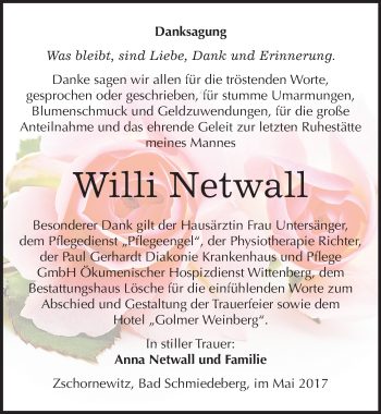 Traueranzeige von Willi Netwall von Mitteldeutsche Zeitung Wittenberg