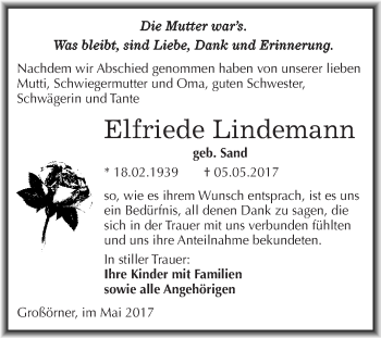 Traueranzeige von Elfriede Lindemann von Wochenspiegel Mansfelder Land