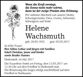 Traueranzeige von Helene Wachsmuth von Mitteldeutsche Zeitung Mansfelder Land