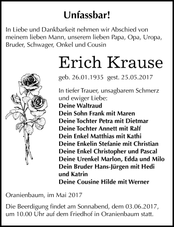 Traueranzeige von Erich Krause von Mitteldeutsche Zeitung Wittenberg