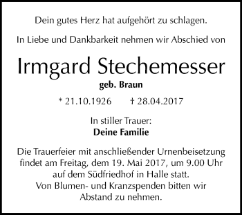Traueranzeige von Irmgard Stechemesser von WVG - Wochenspiegel Merseburg
