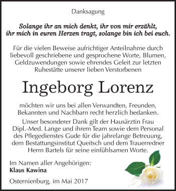 Traueranzeige von Ingeborg Lorenz von Mitteldeutsche Zeitung Köthen