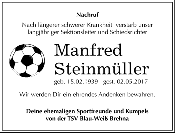 Traueranzeige von Manfred Steinmüller von Mitteldeutsche Zeitung Bitterfeld