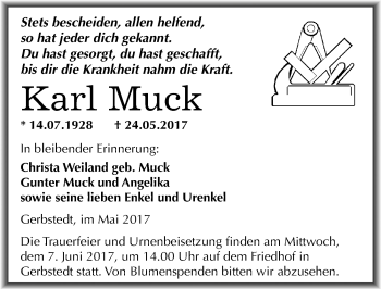 Traueranzeige von Karl Muck von Mitteldeutsche Zeitung Mansfelder Land