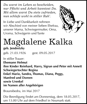 Traueranzeige von Magdalene Kalka von Mitteldeutsche Zeitung Merseburg/Querfurt