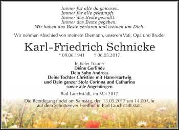 Traueranzeige von Karl-Friedrich Schnicke von WVG - Wochenspiegel Merseburg