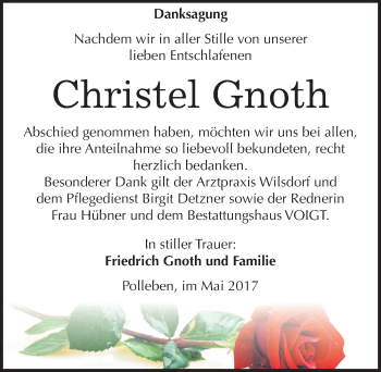 Traueranzeige von Christel Gnoth von Mitteldeutsche Zeitung Mansfelder Land
