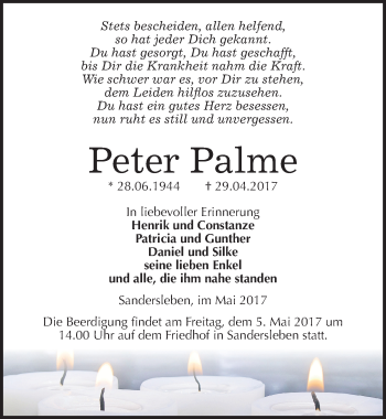 Traueranzeige von Peter Palme von Mitteldeutsche Zeitung Mansfelder Land
