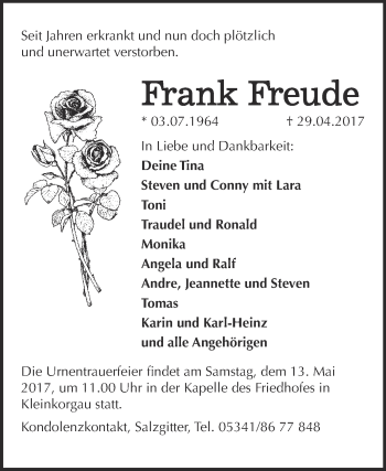 Traueranzeige von Frank Freude von Super Sonntag Wittenberg