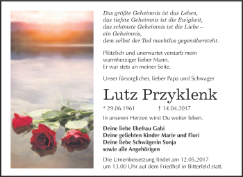 Traueranzeige von Lutz Przyklenk von WVG - Wochenspiegel Bitterfeld
