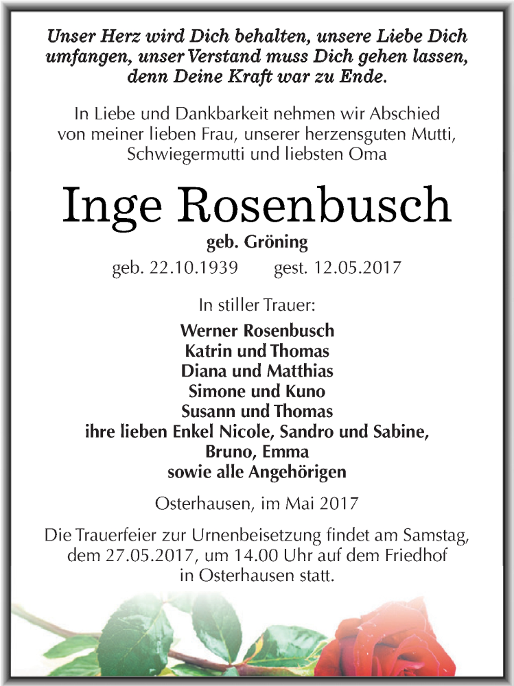  Traueranzeige für Inge Rosenbusch vom 20.05.2017 aus Super Sonntag SGH Mansf. Land