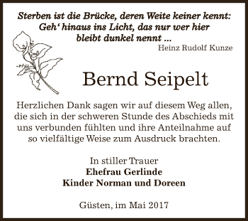 Traueranzeige von Bernd Seipelt von Super Sonntag Bernburg
