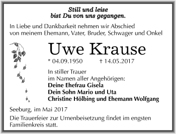 Traueranzeige von Uwe Krause von Mitteldeutsche Zeitung Mansfelder Land