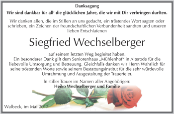 Traueranzeige von Siegfried Wechselberger von Super Sonntag SGH Mansf. Land