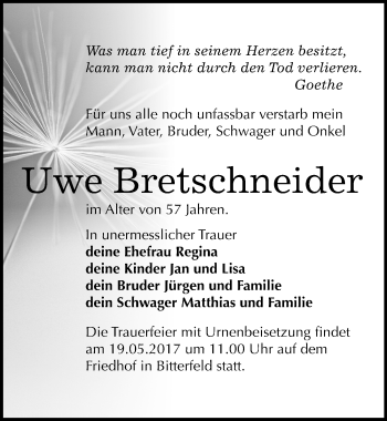 Traueranzeige von Uwe Bretschneider von Mitteldeutsche Zeitung Bitterfeld