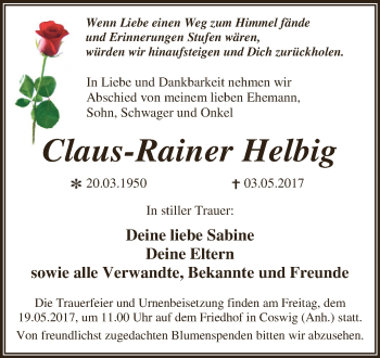 Traueranzeige von Claus-Rainer Helbig von WVG - Wochenspiegel Dessau / Köthen