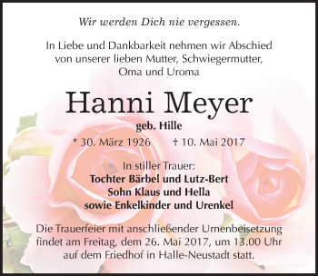 Traueranzeige von Hanni Meyer von Mitteldeutsche Zeitung Halle/Saalkreis