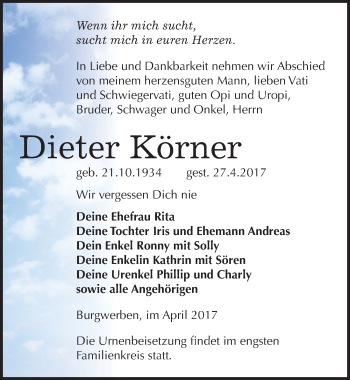 Traueranzeige von Dieter Körner von Mitteldeutsche Zeitung Weißenfels
