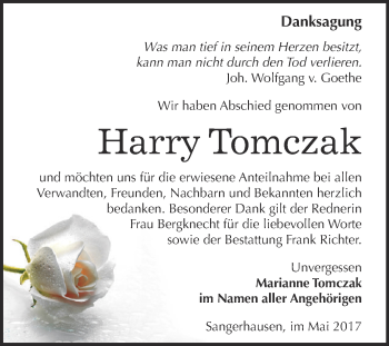 Traueranzeige von Harry Tomczak von Super Sonntag SGH Mansf. Land