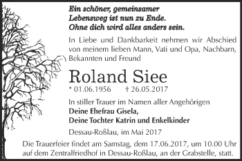 Traueranzeige von Roland Siee von WVG - Wochenspiegel Dessau / Köthen