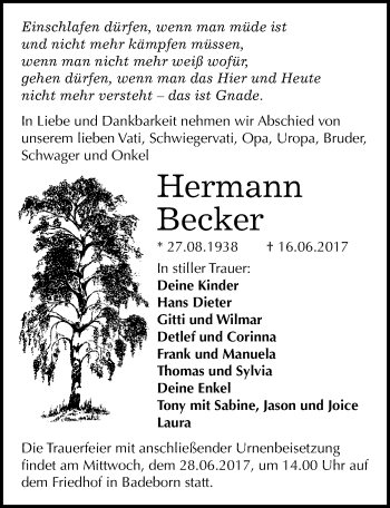 Traueranzeige von Hermann Becker von Mitteldeutsche Zeitung Quedlinburg