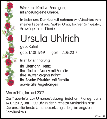 Traueranzeige von Ursula Uhlrich von WVG - Wochenspiegel NMB / WSF / ZTZ