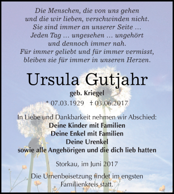 Traueranzeige von Ursula Gutjahr von WVG - Wochenspiegel NMB / WSF / ZTZ
