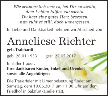 Traueranzeige von Anneliese Richter von WVG - Wochenspiegel Bitterfeld