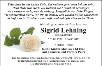 Traueranzeige von Sigrid Lehning von Mitteldeutsche Zeitung Dessau-Roßlau