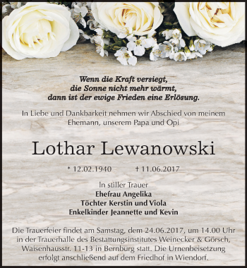 Traueranzeige von Lothar Lewanowski von Mitteldeutsche Zeitung Bernburg