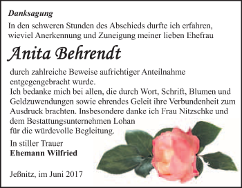 Traueranzeige von Anita Behrendt von WVG - Wochenspiegel Bitterfeld