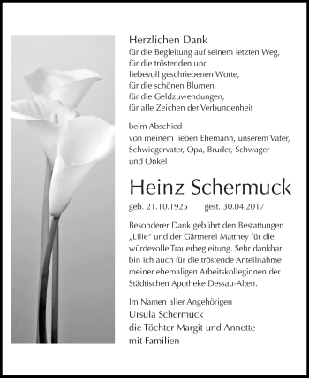 Traueranzeige von Heinz Schermuck von WVG - Wochenspiegel Dessau / Köthen