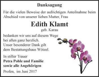 Traueranzeige von Edith Klamt von Super Sonntag Zeitz