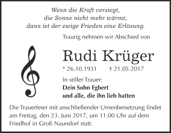 Traueranzeige von Rudi Krüger von WVG - Wochenspiegel Wittenberg