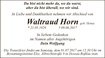 Traueranzeige von Waltraud Horn von WVG - Wochenspiegel Dessau / Köthen