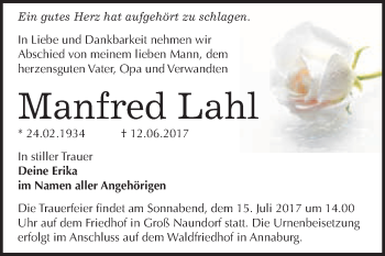 Traueranzeige von Manfred Lahl von WVG - Wochenspiegel Wittenberg