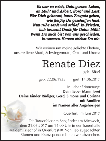 Traueranzeige von Renate Diez von WVG - Wochenspiegel Merseburg