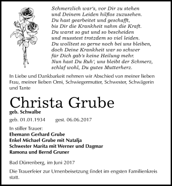 Traueranzeige von Christa Grube von Mitteldeutsche Zeitung Merseburg/Querfurt