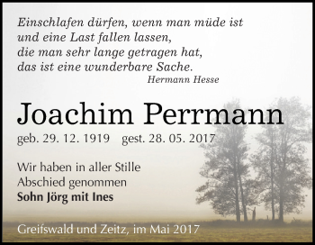Traueranzeige von Joachim Perrmann von Super Sonntag Zeitz