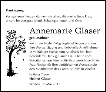 Traueranzeige von Annemarie Glaser von Mitteldeutsche Zeitung Bitterfeld
