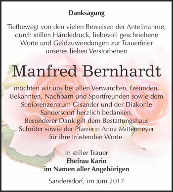 Traueranzeige von Manfred Bernhardt von WVG - Wochenspiegel Bitterfeld