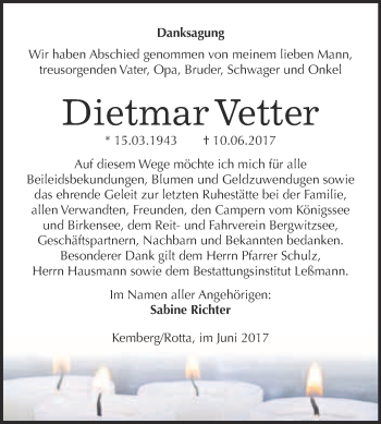Traueranzeige von Dietmar Vetter von WVG - Wochenspiegel Wittenberg