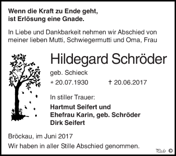 Traueranzeige von Hildegard Schröder von Super Sonntag Zeitz
