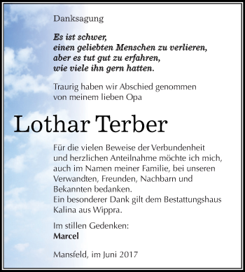 Traueranzeige von Lothar Terber von Super Sonntag SGH Mansf. Land